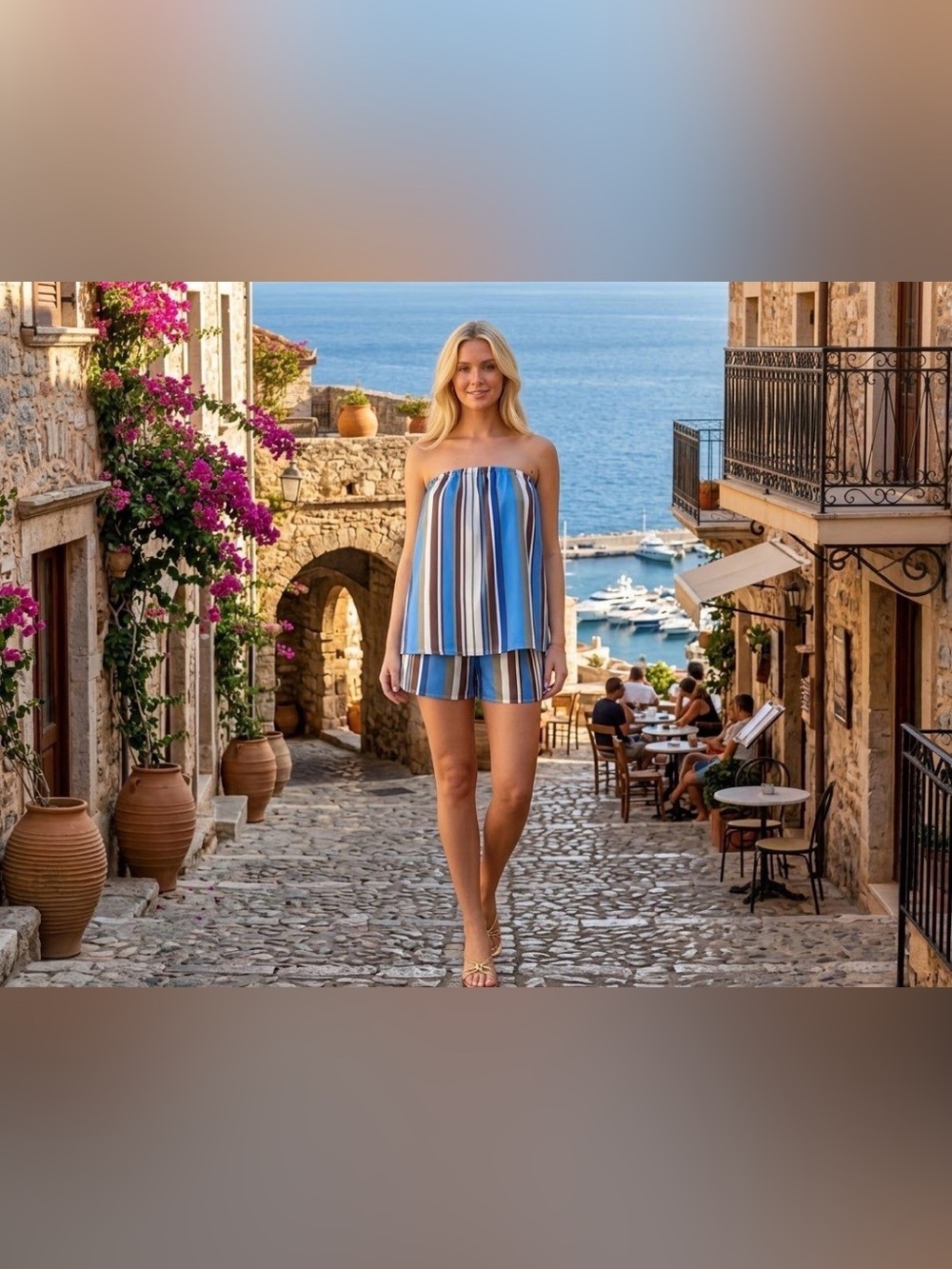 Striped Blue Strapless Shorts Set - Women